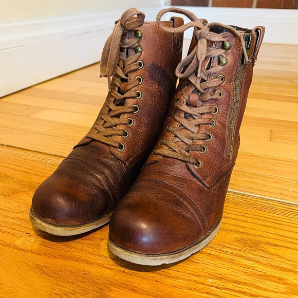 TaraM Womens Size 8 M Brown Leather Zip Laces Ankle Fashion Boots Bootie - Picture 3 of 16
